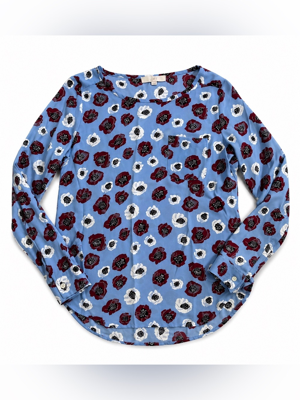 LOFT Small GEORGETTE POPOVER TOP BLUE POPPY PRINT LONG SLEEVE BLOUSE